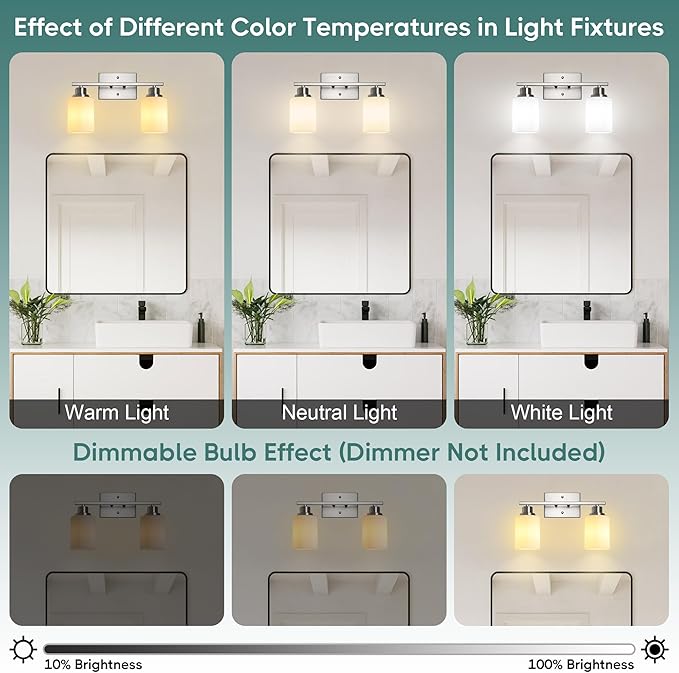 Ascher Bathroom Light Fixtures, 2-Light Vanity Light Over Mirror, Brushed Nickel Wall Sconces with Milky White Frosted Glass Shades, Wall Lamp for Living Room Bedroom, E26 Base(Bulbs Not Included)