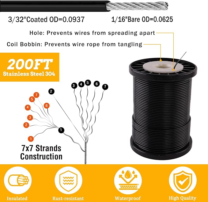 cyrico String Light Hanging Kit, Outdoor Light Guide Wire, Globe String Lights Suspension Kit with 200 Ft Nylon Coated Stainless Steel 304 Wire Rope Cable, Turnbuckle, Enough Accessories, Use Manual