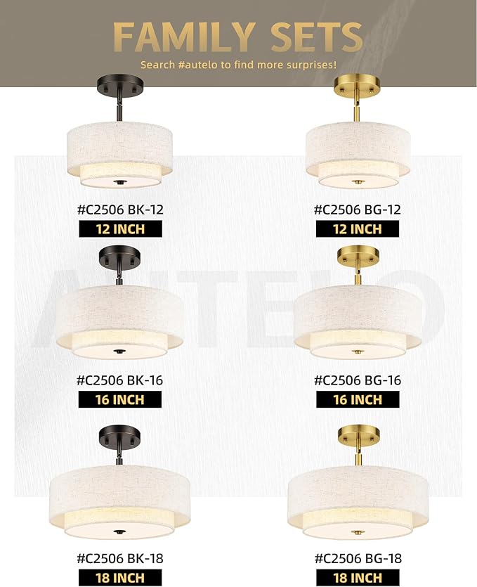 AUTELO Black Semi Flush Mount Ceiling Light, 3-Light 18" Flush Mount Ceiling Light in Black Finish with Drum Fabric Shade for Hallway Bedroom Kitchen, C2506 BK-18