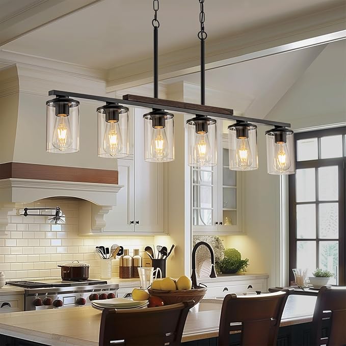 40.15'' Large Dining Room Chandelier Over Table, 6-Light Farmhouse Dining Room Light Fixture Kitchen Island Lighting, Wood Island Lights Black Farmhouse Chandeliers for Dining Room with Glass Shades