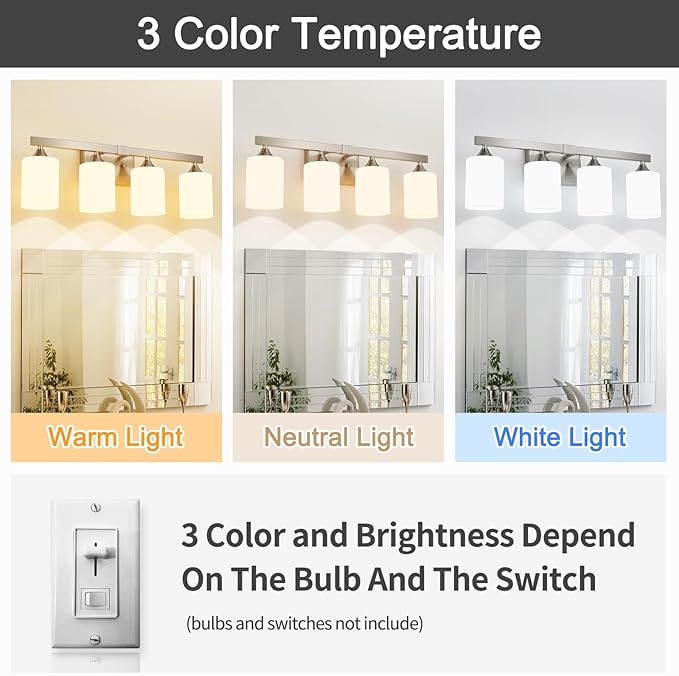 ZHU YAN Brushed Nickel Vanity Lights,4-Light Bathroom Light Fixtures,Milky White Glass Shades Wall Lamp,E26 Socket Vanity Lights Fixtures,Bathroom Lighting Fixtures Over Mirror