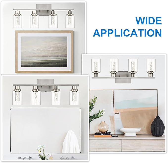 MELUCEE 4-Light LED Bathroom Lighting Fixtures Brushed Nickel, Dimmable LED Vanity Light for Bathroom 3000K-6000K Bathroom Wall Lights with Crystal Bubble Clear Glass Shade, Built-in LED Chips