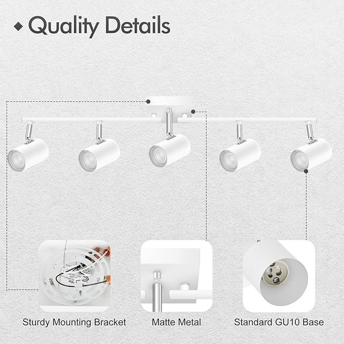 5 Light Track Lighting Fixtures Ceiling, Matte White Kichen Track Lighting, Rotatable Light Heads, Adjustable Modern LED Track Lights for Kitchen/Living Room/Hallway/Bar,GU10 Bulb Not Included