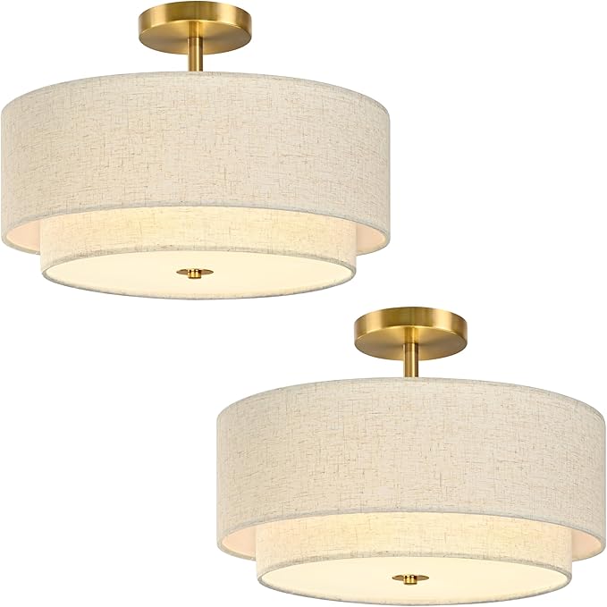 Bagood 16 Inch 3 Light Semi Flush Mount Ceiling Light Fixture Modern 2 Pack Gold Drum Ceiling Light Fixture with 2-Layer Fabric Shade Dimmable Close to Ceiling Light for Bedroom Living Room Hallway