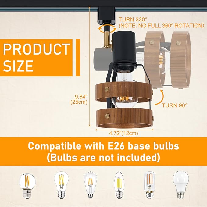 Modern H-Type Track Lighting, Black Adjustable Heads with Real Walnut Wood Lampshade and Brass Swivel, for Accent Retail-Pack of 3, E26 Base