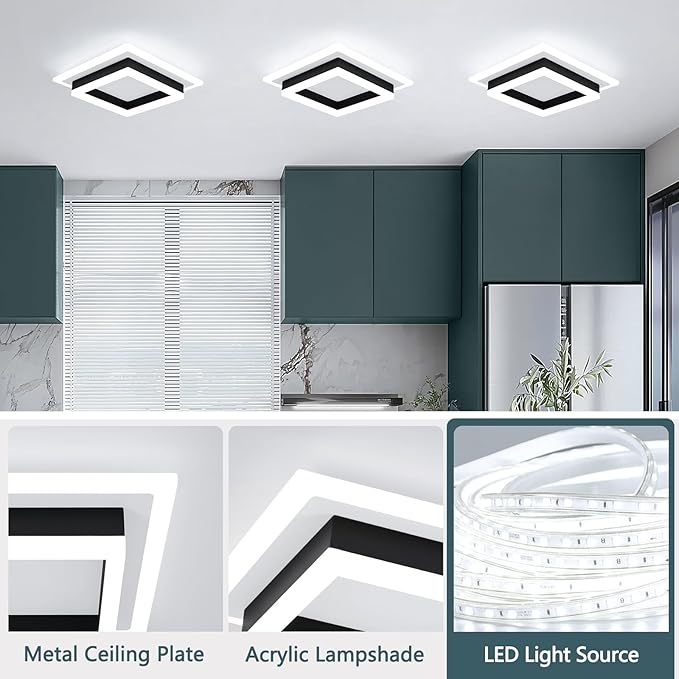 32W Modern LED Ceiling Light, Small Flush Mount Light Fixture, Kitchen Ceiling Light Fixture, Square Hallway Lighting Fixtures for Living Room Bedroom Bathroom Kitchen (3 Pack)