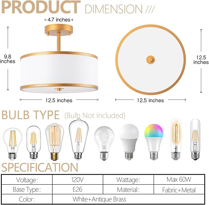 Bargeni Semi Flush Mount Ceiling Light,12.5 Inch Drum Ceiling Light,Antique Brass Finish Flush Mount Light Fixture with Fabric Shade,Modern Close to Ceiling Light Fixtures for Bedroom,Living Room