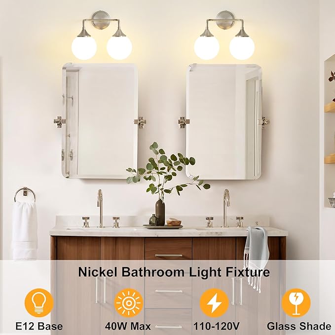 Brushed Nickel Vanity Lights Fixtures, 2-Light Bathroom Vanity Lighting Over Mirror, Modern Bathroom Wall Sconces with Milky White Glass Ball Shades