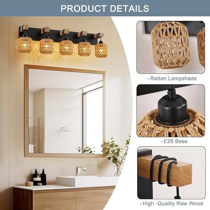 LmnLvn 36" Boho Bathroom Light Fixture, 5-Light Farmhouse Vanity Light, Rattan Bathroom Light Fixture Over Mirror Rustic Vanity Lighting with Handwoven Shades, Suit for Restroom, Bedroom, Hallway