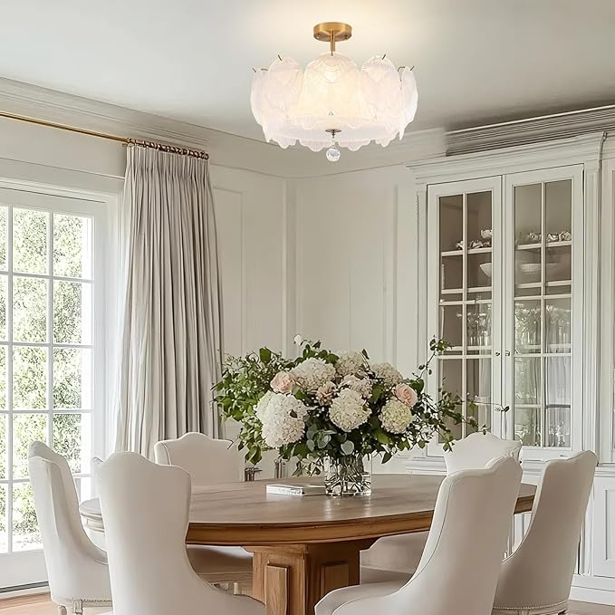 ETONIMERR 19.7'' Modern Glass Chandelier for Dining Room, Gold Semi Flush Mount Ceiling Light with Glass Shell Petals, 3 Light Flower Chandelier for Bedroom Living Room Hallway Entryway