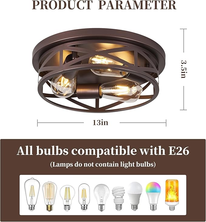 13 inch Flush Mount Ceiling Light Fixtures,3-Light Modern Hallway Light Fixtures Ceiling, Brown Lights Fixture Ceiling Mount for Farmhouse,Kitchen, Bedroom 1 Pack