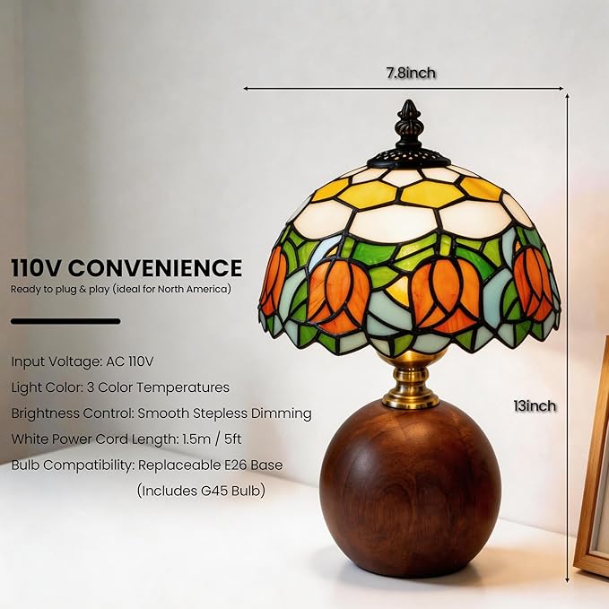 12.2" Tiffany Style Lamp, Handcrafted Stained Glass Table Lamp with Solid Wood Base, 3-Color Dimmable Bedside Lamp for Nightstand & Bedroom, Vintage Aesthetic Accent Light