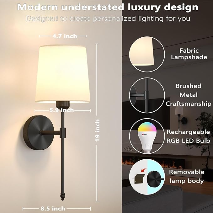 Ouyulong Battery Operated Wall Sconces Set of 2, Wireless Rechargeable Dimmable Wall Light with RGB Bulb and Remote for Bedroom, Living Room, Hallway 19in Black