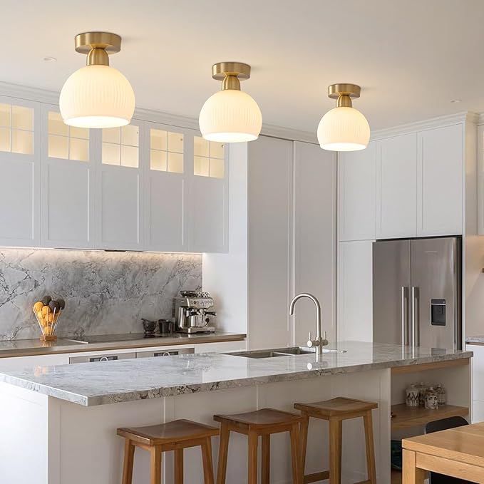 KCO Lighting Milk Glass Flush Mount Ceiling Light Fixture Small Brass Flush Mount Light Modern Gold Globe Semi Flush Mount Ceiling Light White Entryway Light Fixture