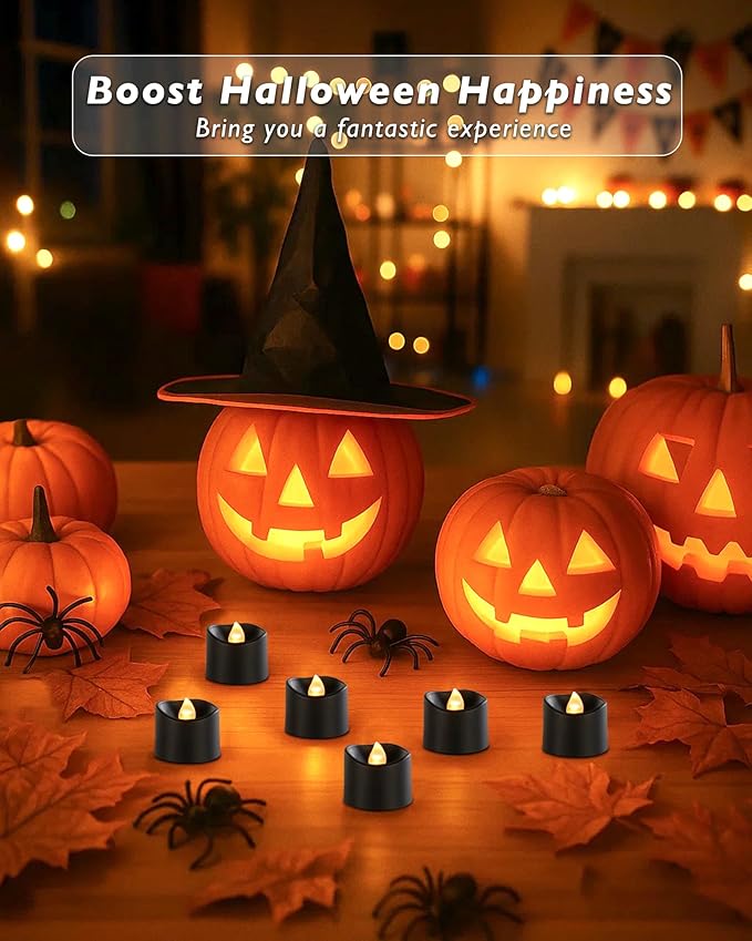 Raycare Black Battery Operated Tea Lights, 200+Hour Electric Flickering Flameless Candles, Realistic Votive LED Tea Lights for Wedding Party Table Christmas Halloween Decorations, 12 Pack