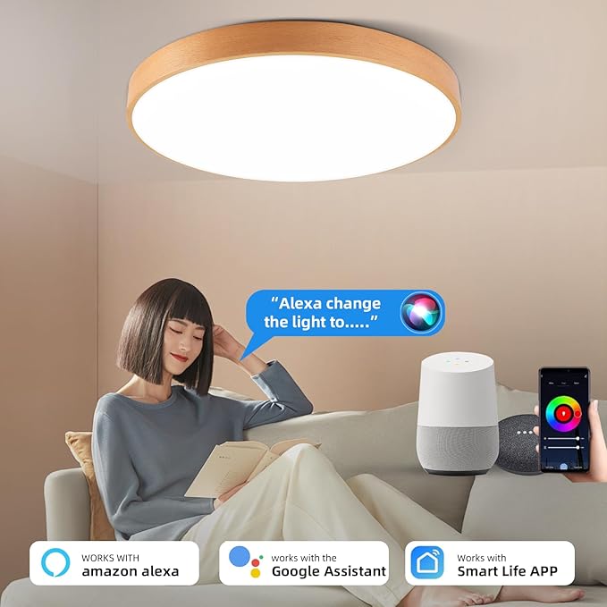 HOREVO Smart Flush Mount Ceiling Light with Remote - Alexa/Google Home Compatible, Dimmable RGB Color Changing (2700K-6000K), 12" Modern Minimalist wood ceiling light for Bedroom/Living Room/Kids Room