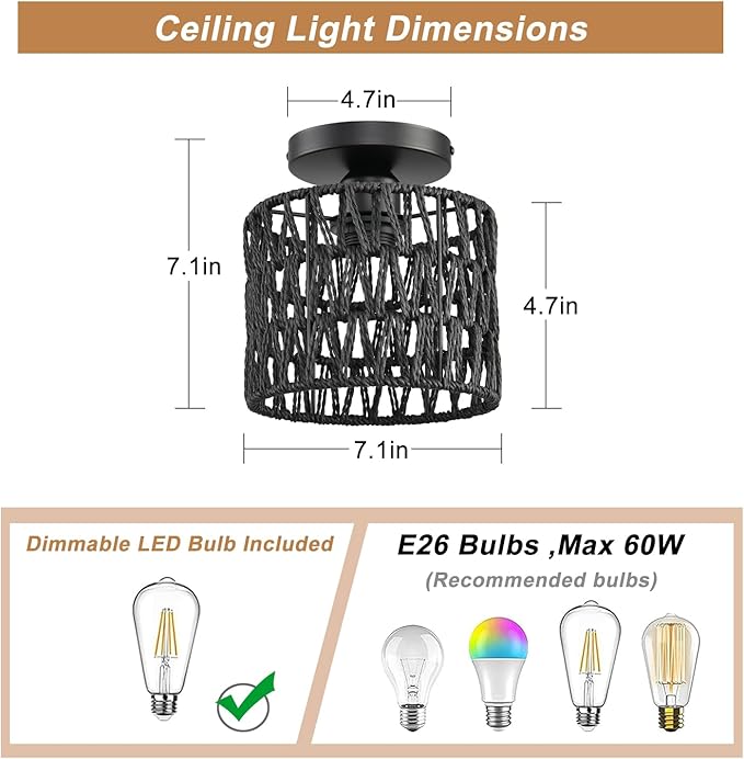 Ceiling Light Fixture,Hand-Woven Rattan Flush Mount Ceiling Light,Farmhouse Light Fixtures Ceiling Mount Boho for Hallway Bedroom Kitchen Entryway Living Room
