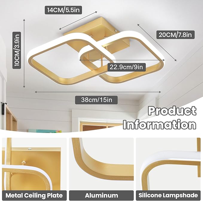 CANEOE Led Hallway Light, 6000K Cool White Modern Led Ceiling Light Fixtures, Gold Square Flush Mount Ceiling Lights for Hallway Living Room Bedroom Kitchen Ceiling Lamp (Gold, Square)