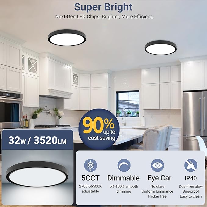 Ø15.8 Inch 32W 3520LM Dimmable LED Flush Mount Ceiling Light, 5 CCT Selectable (2700K-6500K), Ultra-Thin Round Fixture for Kitchen Bedroom Laundry Hallway, Black