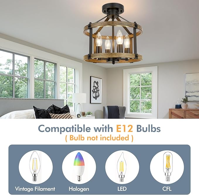Farmhouse Semi Flush Mount Ceiling Light Fixture, 12.5 Inch 4-Light Rustic Ceiling Mount Light Fixtures, Round Brown Wood Finish Flush Mount Lights for Kitchen Bedroom Hallway Laundry Room