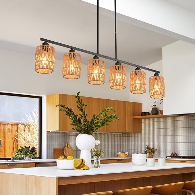 Rattan Pendant Lights for Kitchen Island,6-Light Boho Coastal Chandelier,Bohemian Rustic Pendant Light Fixture for Dining Room,Height Adjustable,Matte Black Farmhouse Woven Hanging Lights Over Table