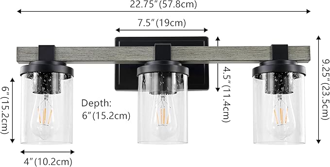 JONATHAN Y 22.75" Black/Gray Oak Wood Finish LED Vanity Light, Rustic Farmhouse Sconce, Clear Seeded Glass Shade, Industrial Wall Lamp for Bathroom Mirror, Kitchen Sink, LED Bulb (JYL7509B)