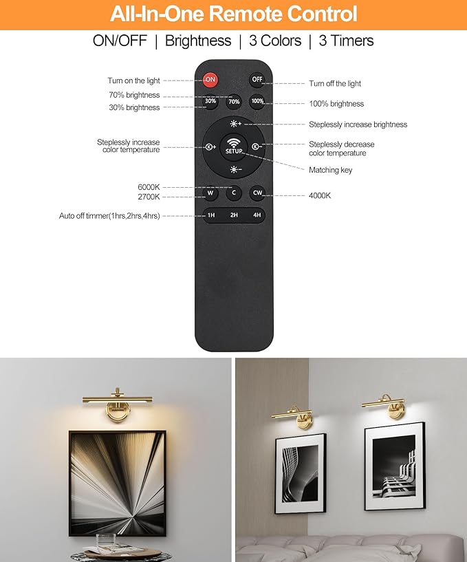 Rechargeable Picture Light for Wall, Dimmable Art Lights for Painting, Battery Operated Wall Sconce with Remote, 3 light Color,Timer & Brightness Setting for Artwork, Gallery(Brass, 12inch)