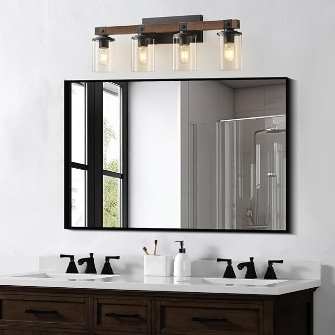 Bathroom Vanity Light Fixtures 4 lights, Wooden Farmhouse Vanity Lights Rustic Bathroom Lights over Mirror with Clear Glass Shade Black Industrial Wall Sconce for Bathroom Bedroom Hallway Kitchen