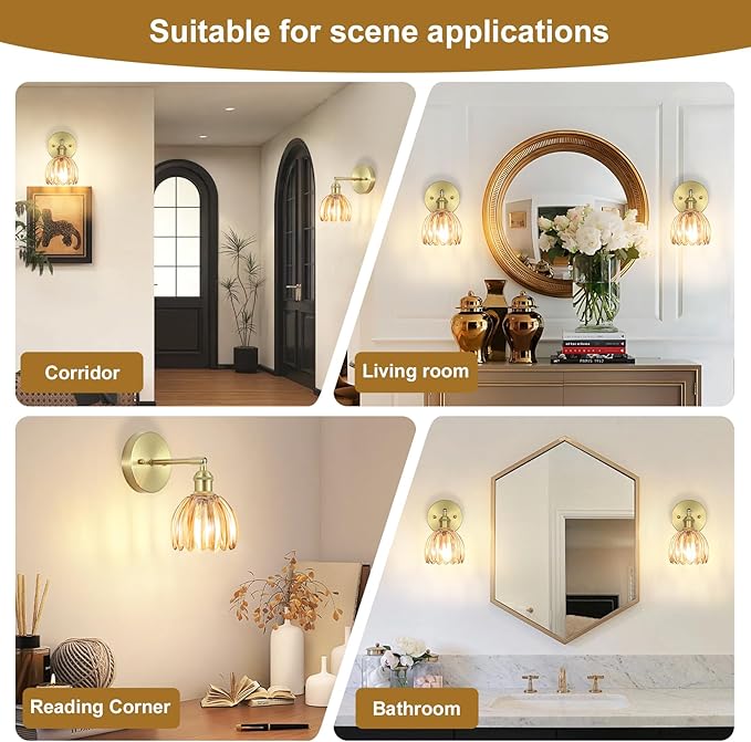 Hardwired Wall Sconces Set of Two, Vintage Wall Lights with Amber Tulip Glass Lampshade, Gold Wall Lamps for Bedroom Bedside Stairway Bathroom Living Room (Bulbs Not Included, Not Battery Powered)