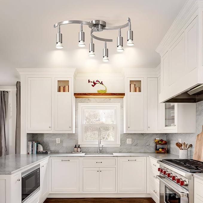 SEEBLEN 6 Light Track Lighting Fixtures Ceiling, Flexibly Rotatable Light Heads, Nickel Semi Flush Mount Ceiling Light for Kitchen Dining Room Living Room.Gu10 Bulb Base.