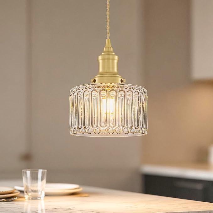 Vintage Pendant Lights for Kitchen with Clear Striped Glass Shade, 6.9 In Brushed Gold Pendant Lights Kitchen Island, Small Kitchen Island Lighting Adjustable Hanging Light for Entrance Hallway