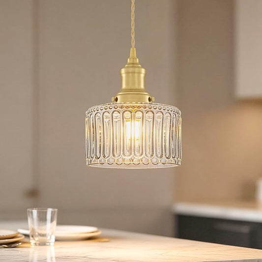 Vintage Pendant Lights for Kitchen with Clear Striped Glass Shade, 6.9 In Brushed Gold Pendant Lights Kitchen Island, Small Kitchen Island Lighting Adjustable Hanging Light for Entrance Hallway