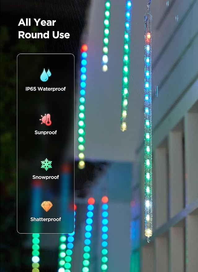 Smart Meteor Shower Rain Lights, 24Tube 384LED 37.7ft Color Changing Icicle Christmas Lights Outdoor Outside, APP Controlled RGB Customize Display DIY Dynamic Lighting Effect