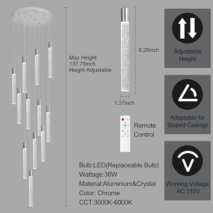 12-Light High Ceiling Chandeliers Modern Chorme Crystal Chandeliers for Entryway Long Spiral LED Dimmable Chandelier Flush Mount Ceiling Staircase Foyer Living Room Ceilings Light Fixture