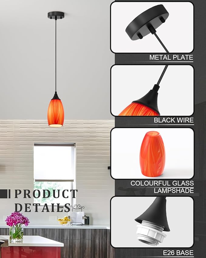 ANYLOVE Vintage Art Orange Pendant Lighting,1-Pack Hand Glass Hanging Light Fixture,Adjustable Cord for Kitchen,Hallway,Dining Room