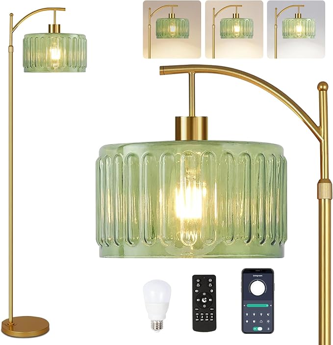 QIYIZM Floor Lamp for Living Room,Bedroom,Gold Dimmable Standing Lamp with Remote,Mid Century Modern Brass Tall Lamp Retro Vintage Glass Lamp Floor Light Boho Bohemian