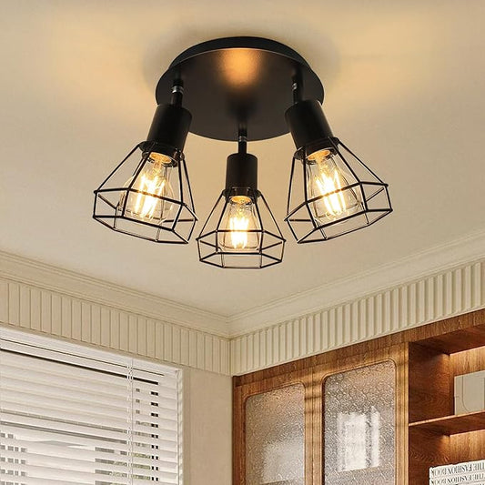 LTBLIGHT 3-Light Track Lighting Fixtures, Rotatable Ceiling Light Kit, Black Metal Wire Cage Lighting Fixtures with Round Plate Spotlights for Kitchen, Bedroom, Hallway, E26 Base, Bulbs Not Included