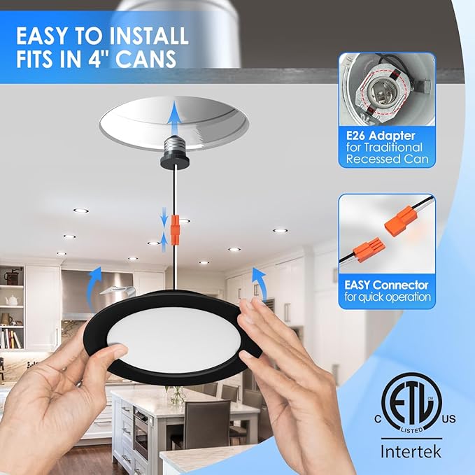 ANWIO Recessed Lighting 6 Inch Black, 5CCT 9W 1000LM Flat Retrofit LED Recessed Lights Can Needs, 2700/3000/4000/5000/6000K Selectable Can Lights CRI 80+ Dimmable E26 Base IC Rated & ETL 5 Pack