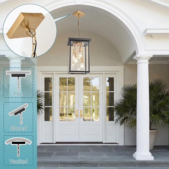 LOUSACE 16.7'' Outdoor Pendant Light for Porch, 4-Light Large Exterior Pendant Porch Lights with Clear Glass, Black & Brushed Brass Outdoor Chandelier Exterior Haninging Light Fixtures for Entrance