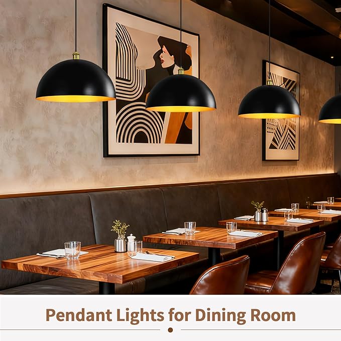 Black-Farmhouse Pendant-Light Hanging-Lamp Fixtures - 16 inch Kitchen Island Pendant Lights Industrial Dome Ceiling Lighting Dining Room Large Vintage Light for Indoor Black and Gold