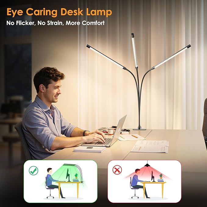ShineTech LED Desk Lamp with Clamp, 3-Head Ultra-Wide Lighting, 4 Color Modes, Adjustable Gooseneck Task Lamps, Eye-Safe Dimming, Memory & Auto-Off Timer, Desk Light for Home Office, Study, Reading