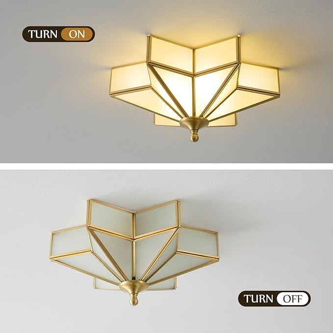 Star Brass Glass Ceiling Light - Small 12 Inch Gold Milk Flush Mount Fixture - Unique Art Deco Vintage Modern Lighting Lights for Bedroom Dining Foyer Entryway Hall Hallway Outdoor Porch