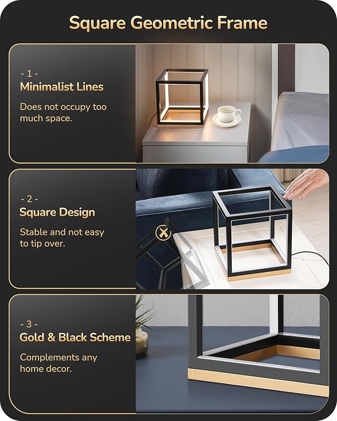 EDISHINE Modern LED Table Lamp, Minimalist Bedside Lamp with Solid Wood Base, 3 Way Dimmable, 3000K/4500K/6000K, 470LM, Black Gold Square Geometric Nightstand Lamp for Living Room, Bedroom, Office