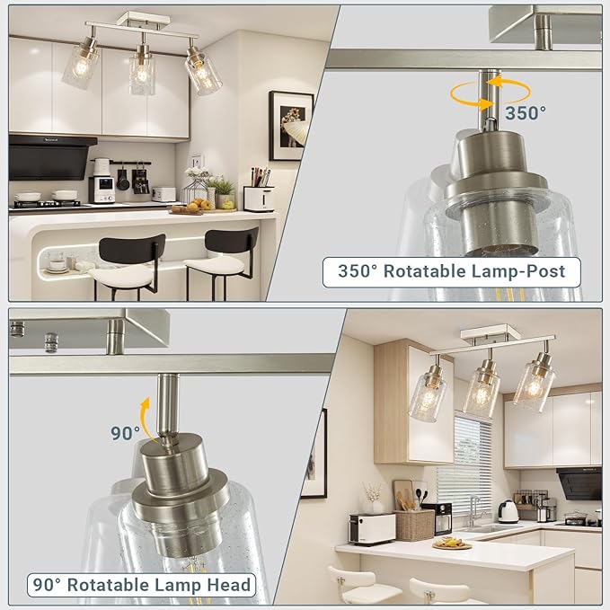 LOUSACE 3 Light Brushed Nickel Track Lighting, Modern Flush Mount Seeded Glass Ceiling Light, Kitchen Ceiling Mounted Light Fixtures Over Sink for Dining Room Kitchen Bathroom Hallway