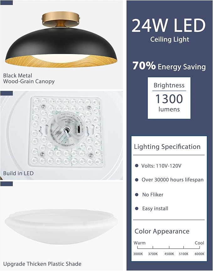 Kudos 15-Inch Flush Mount Ceiling Light with Painted Wood-Grain and Black Finish, 24W/1300lm for Kitchen, Bedroom, Hallway, 5CCT