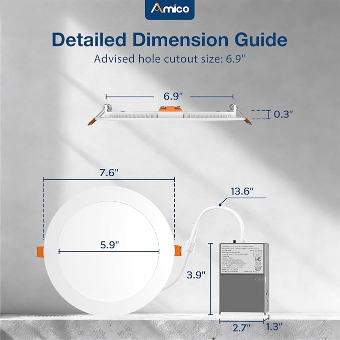 Amico 6 Pack 7 Inch 5CCT Ultra-Thin LED Canless Recessed Ceiling Light with Junction Box, 2700K/3000K/3500K/4000K/5000K Selectable, 15W=100W, 1300LM High Brightness, Dimmable Wafer Downlight-ETL&FCC