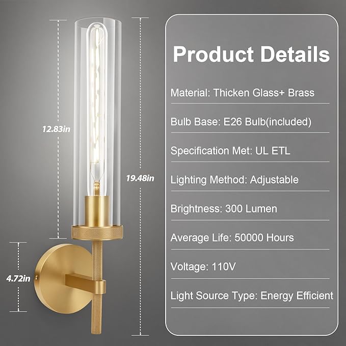 Brass Wall Sconces Set of Two with White Lights, 19.5'' Brushed Brass Knurled Bathroom Sconces Wall Lighting Vanity Light with Clear Glass for Living Room Mirror Bedroom Stairs