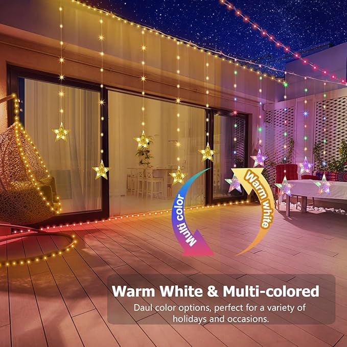 Star Curtain Lights Battery Powered, 10ft x 3.3ft Warm White & Multicolor Twinkle Fairy String Lights Curtain, Timer & IR Remote for Bedroom Backdrop Indoor Outdoor Christmas Party Decor