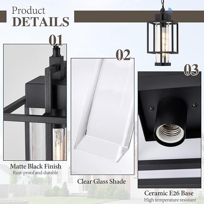 Outdoor Pendant Light, 16" Dusk to Dawn Exterior Chandelier Porch Hanging Light with Clear Glass, Modern Black Outdoor Hanging Lantern for Porchs Gazebo, OS-KY1006