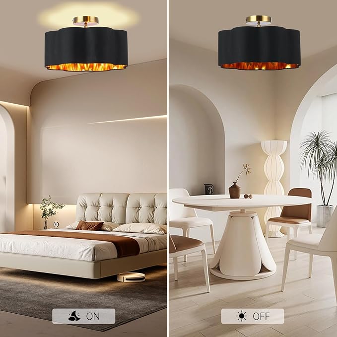 Newrays 3-Light Semi Flush Mount Ceiling Light Fixture, Fabric Shade Modern Close to Ceiling Lamp for Nursery Kids Room Bedroom Kitchen Hallway Entryway with 3PCS LED Bulbs (Black)